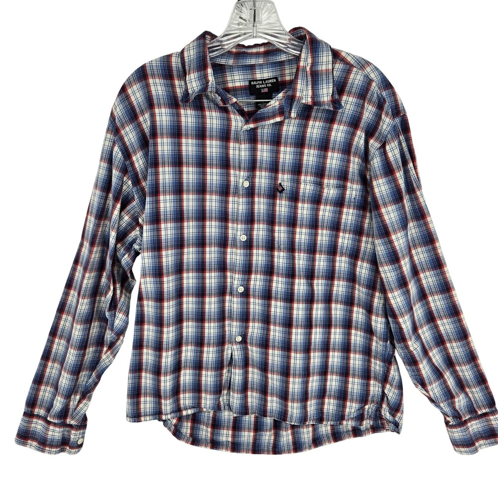 Ralph Lauren Jeans Co Shirt Mens Small Red Blue Plaid 100% Cotton Long Sleeve